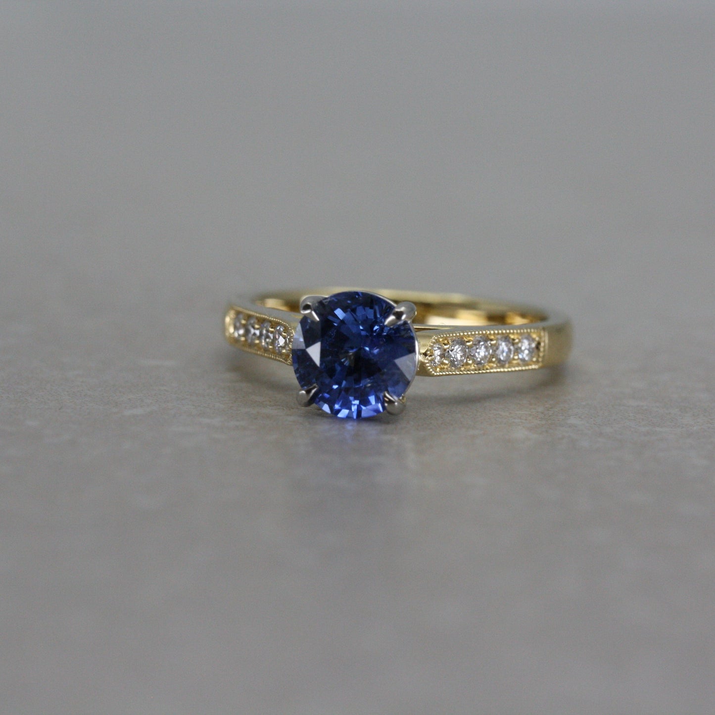 18ct Gold & Platinum Round Blue Sapphire and Diamond Ring