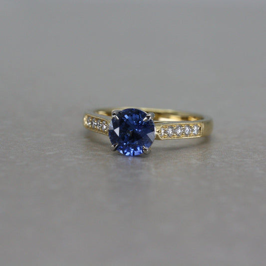 18ct Gold & Platinum Round Blue Sapphire and Diamond Ring