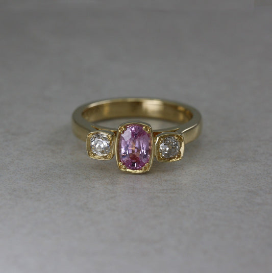 18ct Gold Oval Pink Sapphire and Old-Cut Diamond Ring