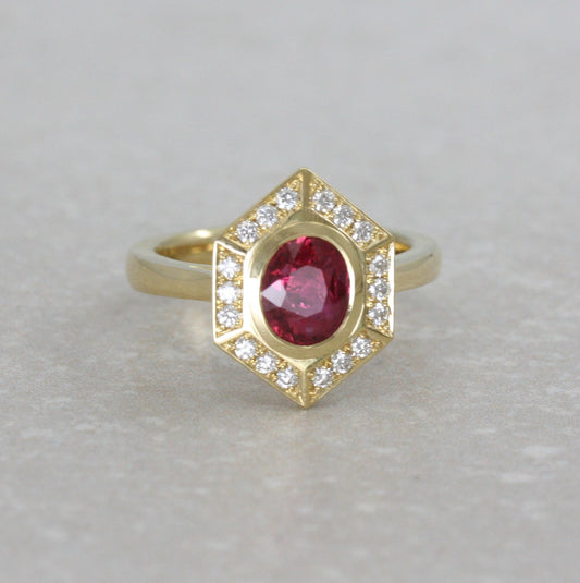 18ct Gold, Ruby and Diamond Hexagon Ring