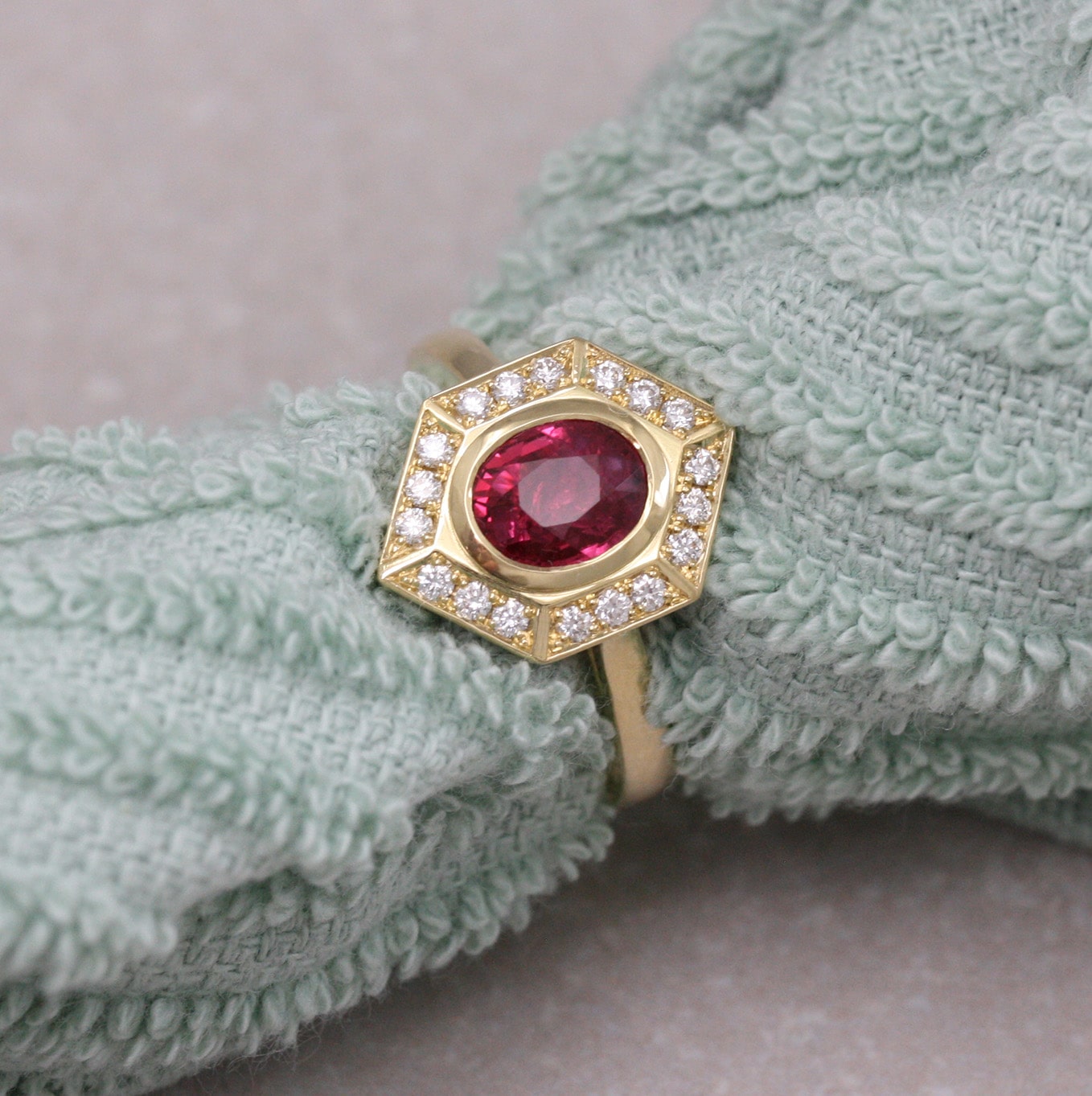 18ct Gold, Ruby and Diamond Hexagon Ring