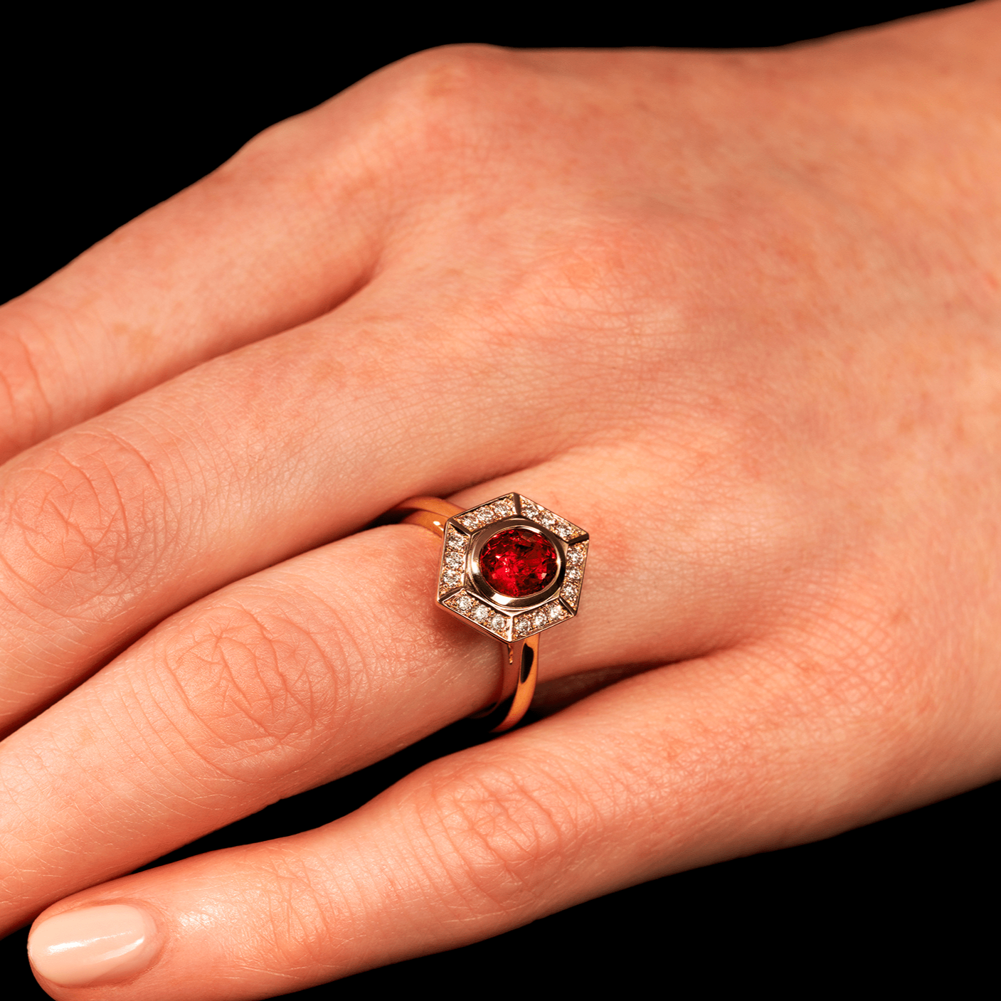 18ct Gold, Ruby and Diamond Hexagon Ring