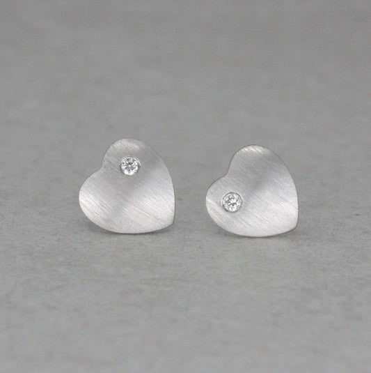 9ct White Gold and Diamond Matte “Love Heart” Ear Studs