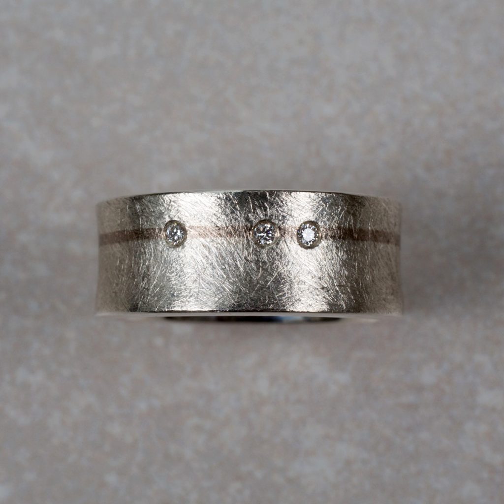 Sterling Silver and 18 Carat White Gold Gent's Band, Textured and set with 3 Round Brilliant cut Diamonds